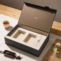 Boîte cadeau rigide gris graphite personnalisée pour thé avec plateau intérieur, logo MH en feuille d'or, emballage de luxe vide pour thé, usine OEM