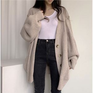 Women's Autumn Winter Long <b>Coat</b> Casual Lazy Style V-Neck Single-Breasted Loose Lantern Sleeve Knitted <b>Cardigan</b> - Product Image 4