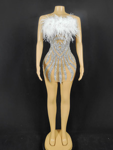 Straight Club Dresses Sequins Diamonds See Through Femme <strong>Feathers</strong> <strong>Top</strong> White Dress Vestidos Para Mujer Elegante Party - Product Image 5