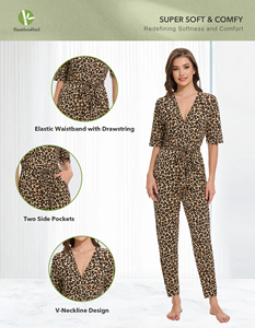 Liquidation de stock : Combinaison femme imprimé léopard, col en V, manches trois quarts, en viscose et coton doux, tenue décontractée, en stock, expédition immédiate - Product Image 3