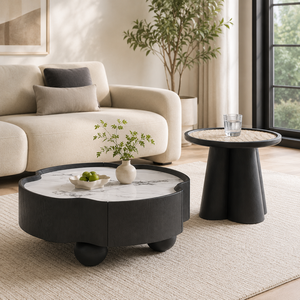Ensemble <span class=keywords><strong>de</strong></span> tables basses modernes irrégulières avec plateau <span class=keywords><strong>en</strong></span> marbre blanc et <span class=keywords><strong>table</strong></span> d'appoint <span class=keywords><strong>en</strong></span> <span class=keywords><strong>rotin</strong></span> pour salon - Product Image 5