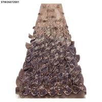 Tissu de dentelle française haut de gamme 3D à motifs de feuilles perlées, broderie florale appliquée, tissu de dentelle lourdement perlé pour robes de soirée