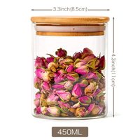 Pot en verre borosilicate rond de 15,2 oz avec couvercle en bambou, 8,5*11 cm, pour épices, cuisine, stockage alimentaire, avec couvercle en bambou