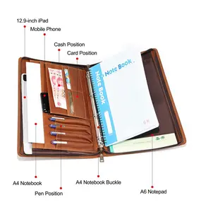 مجلد محفظة جلد طبيعي مع سحاب محفظة جلد 12.9 بوصة محفظة عمل للكمبيوتر المحمول مع مفكرة بحجم الحرف