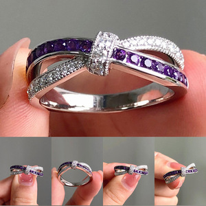 Anello a Farfalla Viola con Fiocco Incrociato per Donne, Elegante Gioiello da Dito alla Moda - Product Image 2