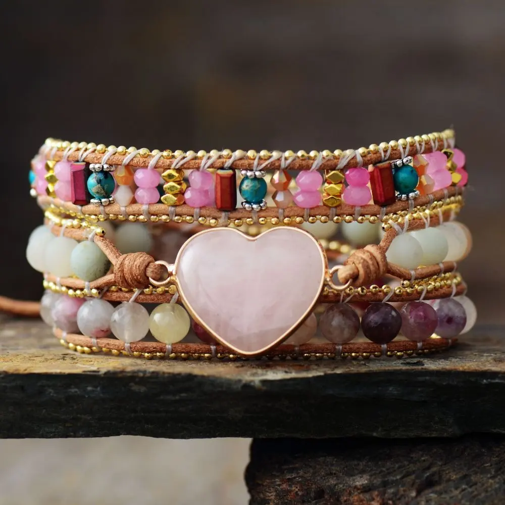 2023 Venta caliente cuarzo rosa amatista cuero Wrap pulseras joyería pulsera de piedras preciosas naturales para mujeres
