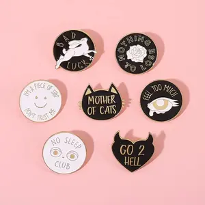 Round Yin Yang Enamel Pins Badge kitty Letters Quote Brooches Backpacks Lapel Pin Punk Gothic Jewelry for Friends