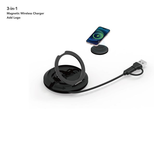 Mini Self Cable Fast Charger 15W Magnetic Metal Ring Stand Phone Watch Earphone 3 in 1 Wireless Charger