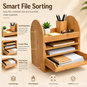 Boîte de rangement en bois 34x23.5x37cm, organisateur de bureau multicouche pour bureau, support de documents et de livres - Product Image 5