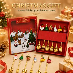Coffret Cadeau de Noël Créatif Horeca – Ensemble de <span class=keywords><strong>Couverts</strong></span> en Acier Inoxydable Effet Miroir Écologique avec Pendentif Dessin Animé Doré et Argenté - Product Image 1
