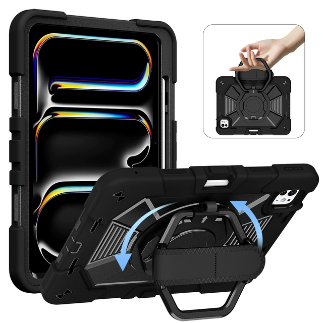 Rugged Shockproof TPU+PC Tablet Case for iPad 360 Rotatable Ring Kickstand Hand Grip Heavy Duty Protective Cover