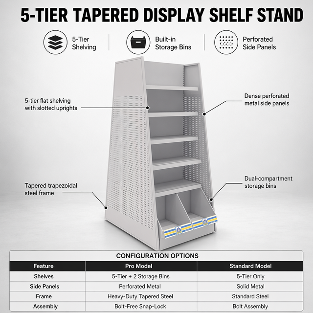 5-Tier Tapered Perforated Metal Supermarket Rack Gondola Display Shelf Stand Heavy Duty Retail Store Fixture Quick Installation