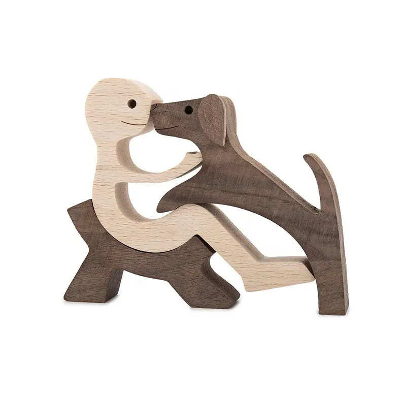 हस्तनिर्मित लकड़ी प्रतिमा बैठे महिला और कुत्ते लकड़ी सजावट एक्सेंट शिल्प