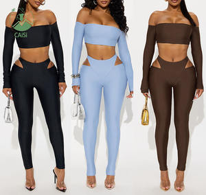 2025 Hot Girl 2-delig set, off-shoulder lange mouwen crop top en uitgeholde broek, sexy dames tweedelig pak - Product Image 1