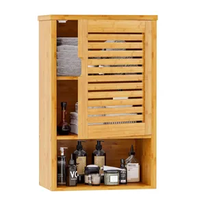 Gabinetto della parete del bagno, armadietto di legno della medicina con la singola porta e scaffale interno regolabile, gabinetto di stoccaggio di bambù montato a parete