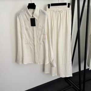 Ensemble décontracté en lin pour <span class=keywords><strong>femme</strong></span> : Chemise à manches longues ornée de perles et de fleurs + <span class=keywords><strong>Pantalon</strong></span> large à <span class=keywords><strong>taille</strong></span> élastique - Product Image 4