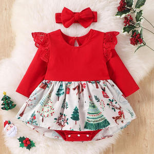 Ropa de bebé de vacaciones rojo verde impreso Navidad mameluco vestido niños pequeños trajes elegantes niñas pequeñas copo de nieve tejido - Product Image 2