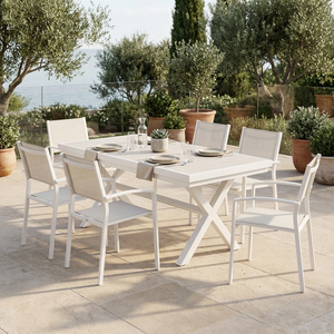 Set da Pranzo Moderno per Esterni con Telaio in Alluminio, 7 Pezzi, <span class=keywords><strong>Tavolo</strong></span> Espandibile e 6 <span class=keywords><strong>Sedie</strong></span> in Rete per Patio e Terrazza - Product Image 3