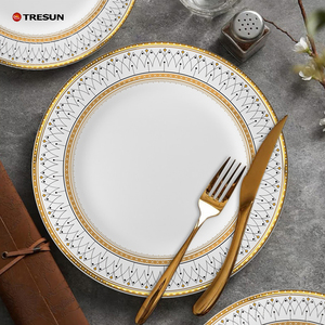 Service de table en céramique en porcelaine osseuse nouvelle génération, écologique, durable, avec bordure dorée, assiette à gâteau - Product Image 3