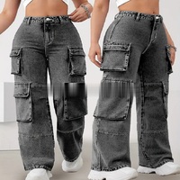 Jeans cargo pour femmes en gros, coupe baggy, taille haute, multi-poches, jambe large, en denim