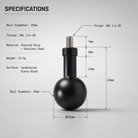 Adaptateur de montage à tête sphérique de 25 mm en alliage d'aluminium avec vis en acier inoxydable 1/4-20 pour support d'appareil photo, moniteur ou éclairage
