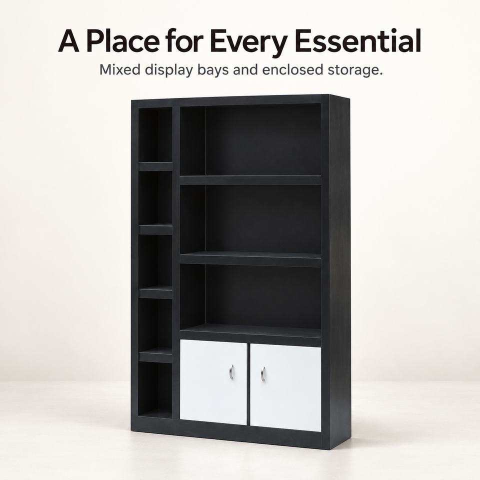Pattern Base Time Frame Modern Commercial MDF Display Cabinet with Black Frame White Doors Open ...