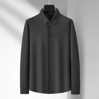 Kemeja Pria Kasual Bergaris Lengan Panjang Bahan Stretch Woven Kancing Depan Kerah Turn-Down Bernapas Anti Kusut Musim Semi