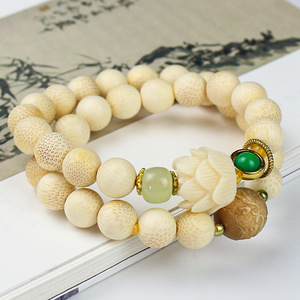 สร้อยข้อมือไม้ไผ่แบบวงคู่ 11 มม. ลูกปัดแกะสลักลายดอกไม้ ฝังหยก สำหรับทุกเพศ ใส่ได้ทุกวัน - Product Image 1