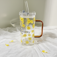 Gobelet à thé au lait en verre borosilicate imprimé avec couvercle, isolation sous vide, paroi épaissie, résistance aux hautes températures, design minimaliste