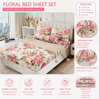 Parure de draps ajustés florale avec taies d'oreiller 100% microfibre brossée, taille personnalisée, 4 pièces, rose, pour chambre à coucher