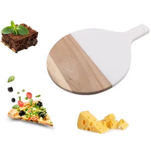 Wholesale Restaurant Home Round Marble And Wood Dinner Food Serving Dishes Wooden Pizza Plates With Handle