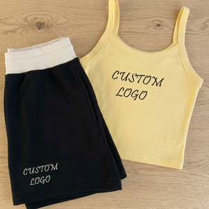 Conjunto de Camiseta sin Mangas y Pantalones Cortos Casuales para Mujer, Cuello Redondo, Tejido de Algodón y Elastano, Transpirable, con Letras Bordadas, para Verano - Product Image 1