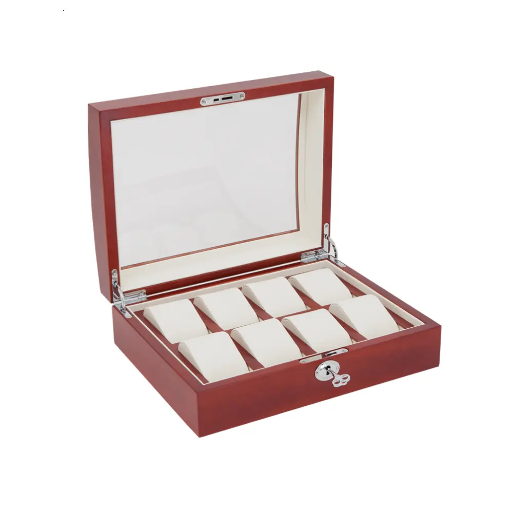 Scatola per orologi in legno di lusso a 8 slot scatola di immagazzinaggio per orologi in legno massello personalizzata in legno trasparente