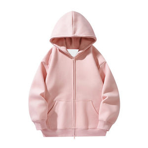 Pink Solid <b>Zip</b> up Hoodie Men Fleece Lined <b>Hooded</b> Sweatshirt Loose Fit Casual Winter Streetwear Breathable Custom Logo - Product Image 1
