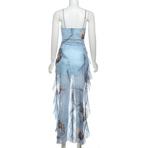 Da <span class=keywords><strong>donna</strong></span> in pizzo irregolare elegante con bretelle stampate <span class=keywords><strong>blu</strong></span> Slim Fit abbigliamento estivo senza maniche abiti Casual senza schienale - Product Image 6