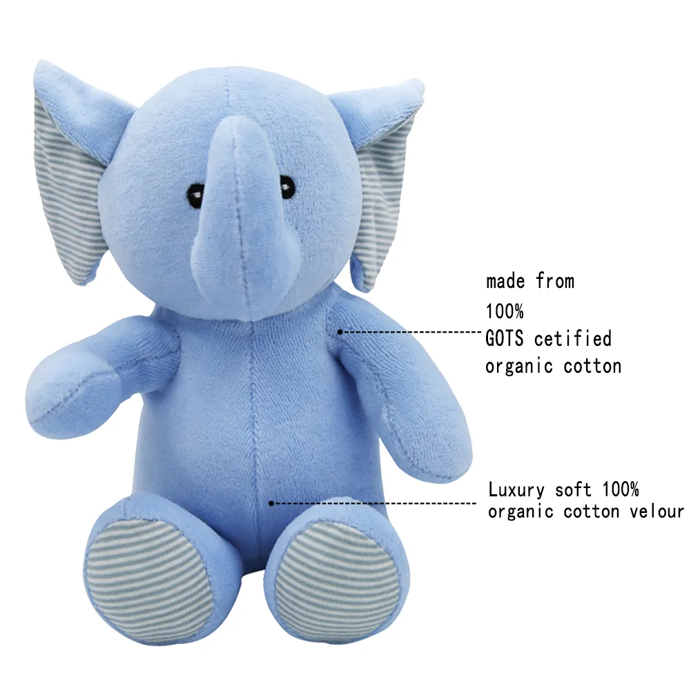 Juguetes de peluche de algodón orgánico para bebé, peluches de animales de elefante personalizados, Juguetes Divertidos de amor azul para bebé