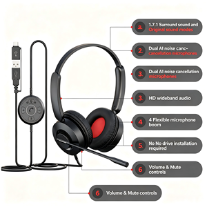 Cuffie USB per Call Center con Doppio Microfono AI per Cancellazione del Rumore, Audio Surround 7.1, per Lavoro Remoto e Apprendimento Online - Product Image 1