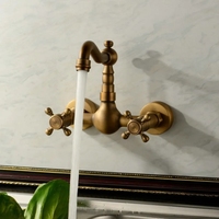 Robinet de lavabo en laiton antique, montage mural, pour cuisine et salle de bain, robinet à double poignée, bec pivotant, eau chaude et froide, avec tuyau de drainage
