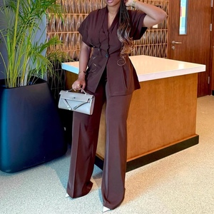 เสื้อคาร์ดิแกนคอวีแขนสั้นสำหรับผู้หญิง & กางเกงขายาวเอวสูงสไตล์แอฟริกัน ชุดเซ็ต 2 ชิ้น แฟชั่น - Product Image 2