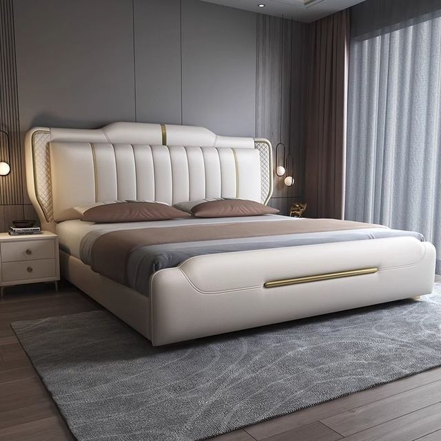 Modern Luxury King & Queen Size Apartment-Friendly Bedroom Furniture Set with Genuine Leather Upholstered Beds and Wooden Frame