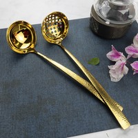 Ensemble de louches à soupe et cuillères ajourées en acier inoxydable doré effet miroir, à long manche, pour buffet, hôtel, restaurant, vente en gros