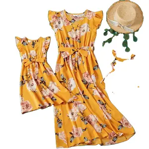 Good price of new design flower print matching sets for families casual Mom Daughter Dresses