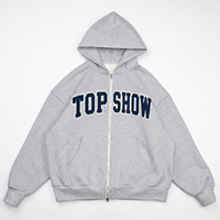 Sweat à capuche zippé pour homme, personnalisé, de haute qualité, gris chiné, broderie chenille TOP SHOW, coton lourd, coupe ample, style vintage rétro