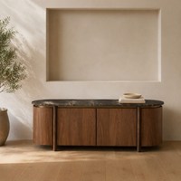 Buffet en bois massif courbé de style Mid-Century Modern avec plateau en marbre, console TV, meuble de rangement pour salon, maison, hôtel, villa