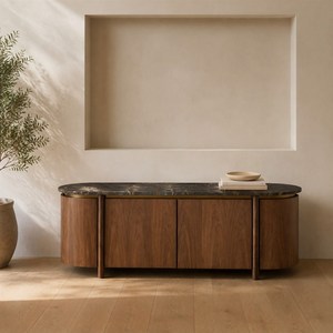 Buffet en bois massif courbé de style Mid-Century Modern avec plateau en marbre, console <span class=keywords><strong>TV</strong></span>, meuble de rangement pour salon, maison, hôtel, villa - Product Image 1