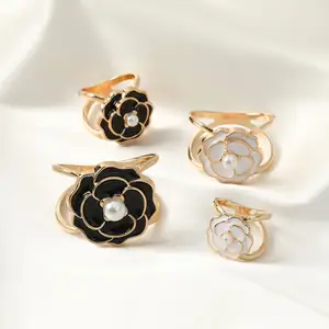 Women's Elegant Pearl Floral Scarf Ring Clip Large Camellia Buckle Fashion  Metal