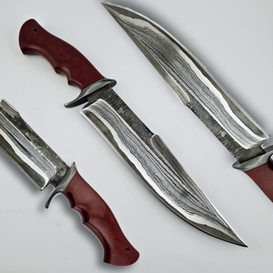 Couteau Bowie en acier Damas fait main en gros avec manche en bois et étui en cuir fin Couteau d'extérieur Couteau en gros - Product Image 1