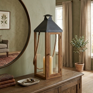 Guffon's <b>large</b> <b>candle</b> holder, made of solid wood in a luxurious brown-grey hue, combines rustic charm with modern design. - Product Image 1