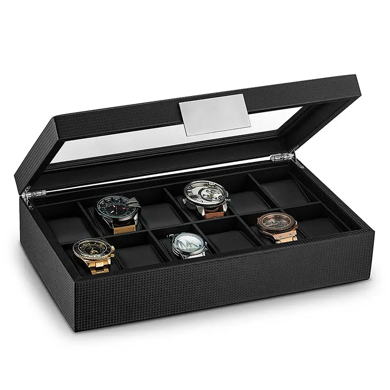 Coffret de montre en fibre de carbone pour hommes, boîtes de rangement, organisateur pour boîte de montre à 12 fentes avec fenêtre et bois