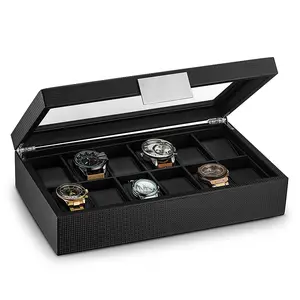 Koolstofvezel Heren Horloge Sets Opbergdozen Organizer Voor 12 Slots Horloge Doos Met Raam En Hout